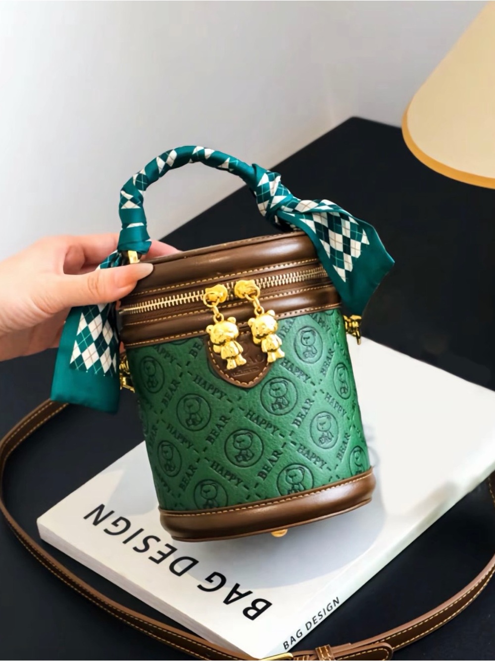 Green Embossed Teddy Bucket Bag with Brown Trim
